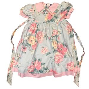 Vintage Simi Girls Floral Dress Cottagecore  Peter Pan Collar Lace Trim Size 4